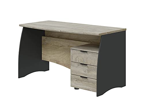 PEGANE Bureau avec Caisson de 3 tiroirs Coloris chêne nœuds Alaska/Gris Anthracite - Hauteur 74 x Largeur 136 x Profondeur 67 cm