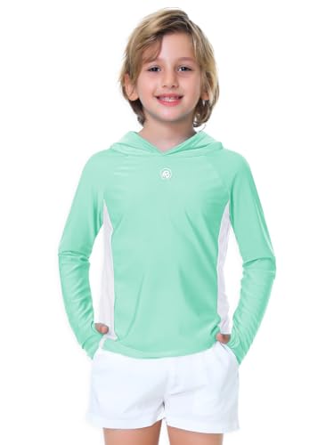 Image of AOBUTE Unisex Kids Long Sleeve Hoodie Rash Guard Boys UPF 50+ Swim Top with Thumb Hole 3-12 Years