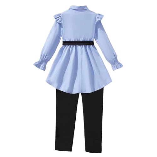 Image of Girls' Light Blue Ruffled Long - Sleeve Shirt with Black Belt and Black Leggings Set 7-13 Years