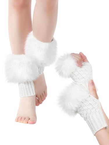 Bencailor Winter Fluffy Leg Warmers and Wrist Cuffs Warmers Set, Include Boot leg Cuffs Furry Fingerless Gloves