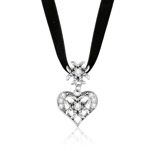 Qwrqwr Edelweiss Herz Kette Oktoberfest Accessoires Damen Essentieller Trachtenschmuck Zubehör Elegantes Kropfband für Festlichkeiten
