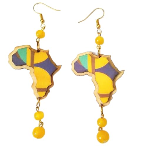Cadeau pour femmes original avec ces boucles d'oreilles carte d'Afrique en bois jaune tendance