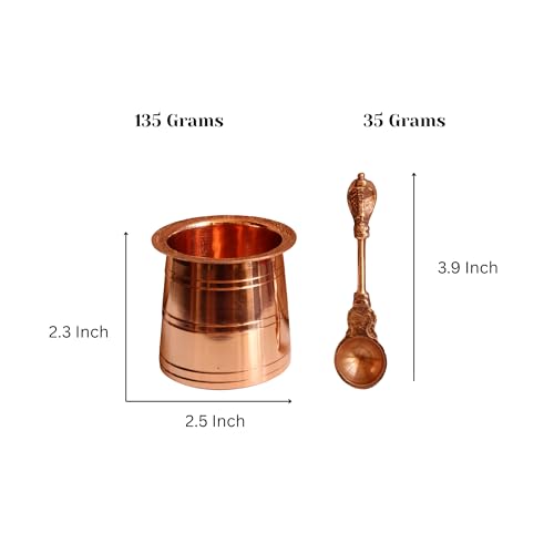 Image of Copper Embossed Panchapatra Udharini Set with Snake Head Design Udarini | Heavy Weight Pooja Accessory for Home | Pooja Glass and Spoon for Charnamrit | Height: 2.5 Inch, Weight: 170 gm