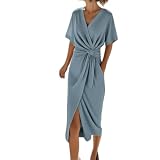 Elegante Vestido Midi Cruzado con Nudo para Mujer, Escote en V, Plisado, Abertura Alta, Color Liso, Manga Corta. (Azul,M)