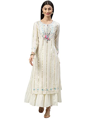 Image of Ishin Women's Cotton Regular Fit Anarkali Embellished Mirror Work Floral Print Kurti