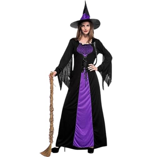 Colorful House Women Classic Wicked Witch Costume, Purple Long Sorceress Dress(Large)