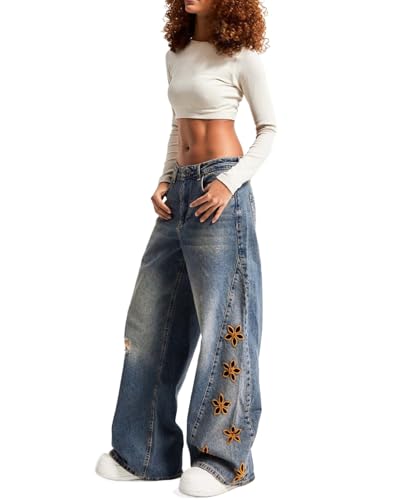 Pantalones Vaqueros Holgados de Pierna Ancha con Agujeros y Bordado de Flores para Mujer Pantalones Vaqueros de Cintura Alta Y2K a la Moda