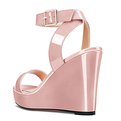 Image of Aachcol Women Platform Wedge Sandals Round Peep Open Toe Ankle Strap Slingback Two-Piece Chunky Block High Heel Dress Shoes Pumps Party Patent 4 Inch
