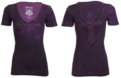 Archaic by Affliction Women's Short Sleeve V-Neck T-Shirt Revive (Purple)