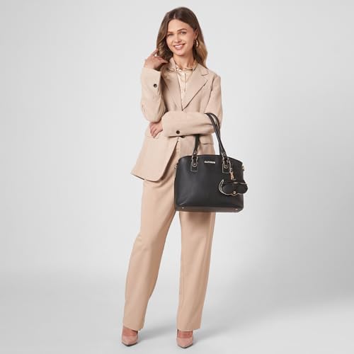 Image of Caprese Lexi Medium Satchel Bag for Women | Solid Faux Leather Handbag with Adjustable & Detachable Strap | Zipper Closure with External Eyewear /Sunglass Charm Case | Perfect for Office Use