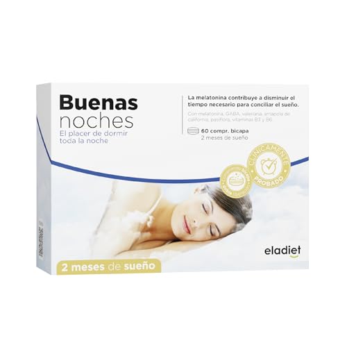 Buenas Noches Sueño - DOBLE ACCIÓN - Dormir Bien Rápidamente y Sueño Prolongado, Insomnio - Con Melatonina, Valeriana Forte, Pasiflora, Vitamina B3 y B6 | 60 Comprimidos BiCapa ELADIET