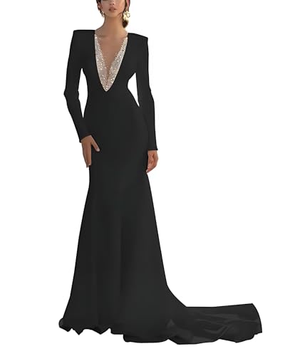 Long Sleeves Mermaid Formal Dresses with Train Long V Neck Wedding Guest Dresses for Bride Satin Party Gowns