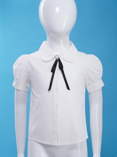 renvena Girls Puff Short Sleeve Shirts White Blouse Button Down Shirt Bowknot School Uniform Summer Causal Tops3