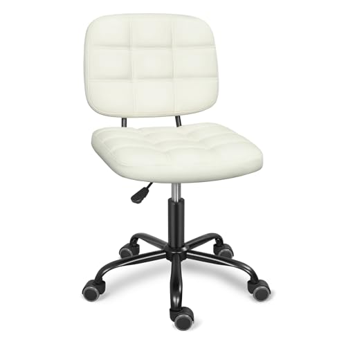 Image of Armless Office Chair with Wheels, Small Desk Chair with Wheels - White
