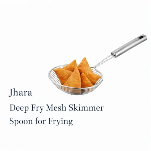 Image of SMAX Frying Jhara Stainless Steel 16cm | Oil Skimmer & Deep Fry Strainer for Puri, Pakora, Fries | Heavy Duty Long Handle Kitchen Utensil