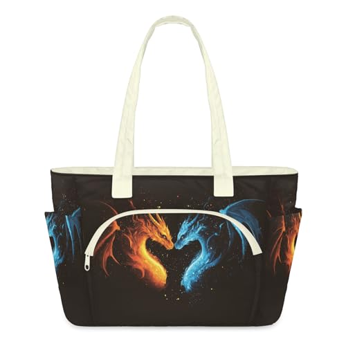 Sac fourre-tout bleu et rouge dragons femme - Grand sac à main matelassé