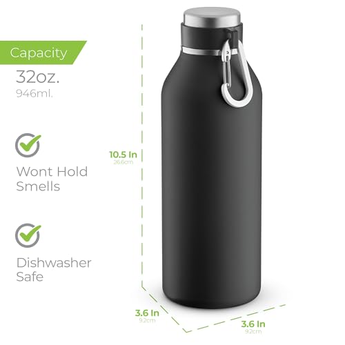 Image of SipX 32 oz Stainless Steel Insulated Water Bottle with Leakproof Lid & Carry Hook - Triple Insulated - Cold 24 Hours /Hot 12 Hours - Perfect for Gym, Work, Sports, Travel - Black