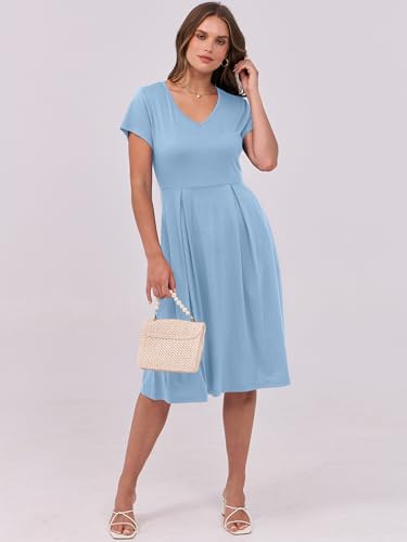 Image of ANRABESS Women Summer Dress Casual Short Sleeve V Neck A-Line Knee Length Pleated Flowy 2026 Fashion Midi Dresses with Pocket