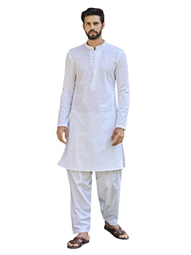 Image of See Designs Men's White Chikankari Embroidered Straight Kurta