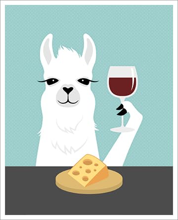 A 6J - White Llama Drinking Wine and Eating Cheese UNFRAMED Wall Art Print by Lee ArtHaus disponible en Yaxa Peru