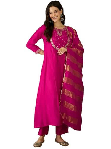 Image of Naixa Women's Chanderi Embroidered Flared Kurta with Pant and Dupatta Sets (NX-762)