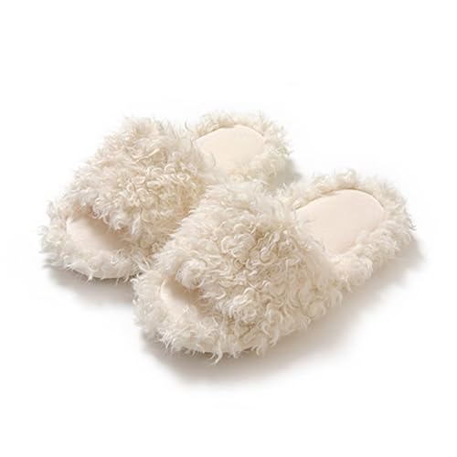 JadeRich Women's Solid Color Fleece Open Toe Slippers Cozy Fuzzy Memory Foam Flat Slide Sandals Indoor Outdoor