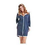 DOROTA kuscheliger und moderner Damen Baumwoll-Bademantel mit Taschen, Reißverschluss & Kapuze, made in EU, Marine-hellblau, Gr. M (38)