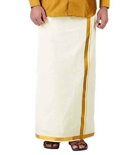 Image of PRAKASAM COTTON Mens White Premium Flexi Size Welcro pocket Dhoti (SS JARI-WHITE)