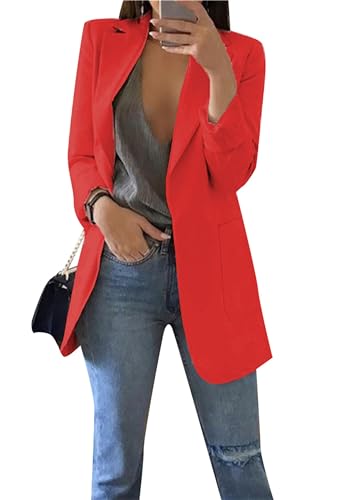 EFOFEI Damen Herbst Langer Mantel Langarm Mode Blazer Anzug Cardigans Blazer Büro Jacken Rot XL