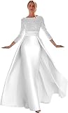 Boat Neck Slit Prom Dresses Long Sleeve Ball Gown for Women Satin Mermaid Lace Formal Evening Gowns with Sequin Appliques White 12