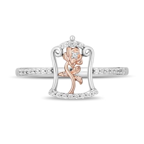 Jewelili Enchanted Disney Fine Jewelry 14K Rose Gold over Sterling Silver with 1/10 CTTW Diamonds Belle Ring Size 73
