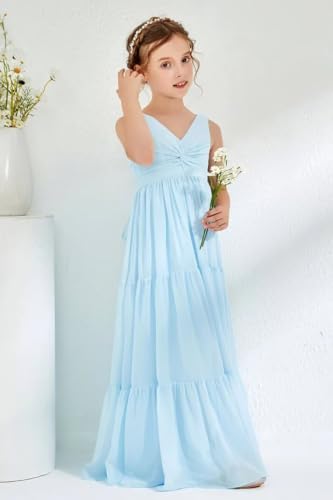 Stylefun Chiffon Flower Girl Dresses V Neck Junior Bridesmaid Dress A Line Tiered First Communion Dress with Bow CYM3273