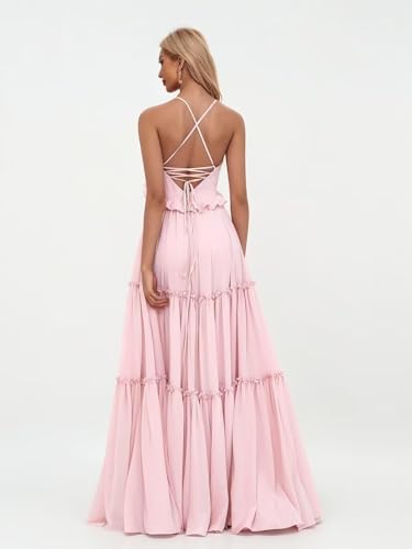 Women's Tiered Long Bridesmaid Dresses Spaghetti Straps V-Neck Chifon Formal Evening Dress with Pocket2