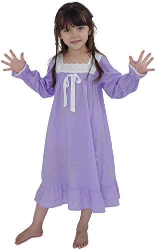 610 You Cotton Vintage Summer Pajama Dresses, Girls Long Sleeve Nightgowns, Purple Vintage Night Gowns For Kids Girl, 5T-6X #TOP3