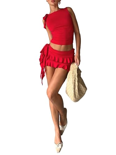 Dubute Women's Y2K Two Piece Mini Skirt Set Sexy Sleeveless Crop Top Skirt Suit Bodycon Outfits Matching Set (Red, S)