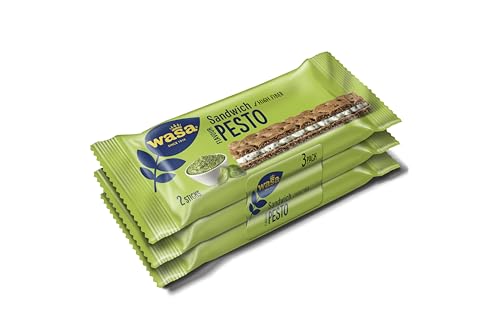 Wasa Knäckebrot Sandwich Pesto 3x37g (111g) I Knäckebrot-Snack aus Weizenmehl mit einer Füllung aus Käse und Basilikum-Pesto, perfekt für unterwegs (Packung mit 5)