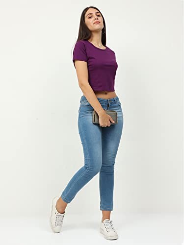 Image of FLEXIMAA Women's Cotton Plain Round Neck Half Sleeve Crop Top