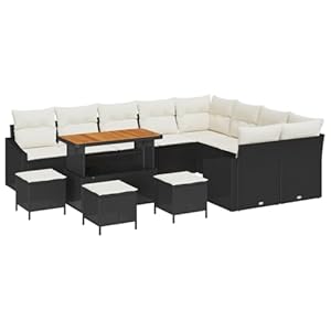 vidaXL 13-teiliges Gartensofa-Set mit Kissen in Schwarz aus Poly Rattan und Akazie, wetterfest. Modulare Möbel für 5-Sitzer Terrassen-Sofas, zeitgemäße Couch und Lounge-Sets.