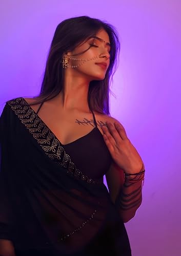 Image of Sidhidata Women's Georgette HotFixed Siroski Work Boarder Saree With Unstitched Blouse Piece (Heart Free Size)