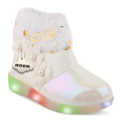 Image of Hooh Kids Girls LED Light Up Shoes Cum Boots with Faux Fur Trim and Flower Applique for 0 Months to 12 Years (for Greater Than 5 Years Age vs Size Chart in Images)