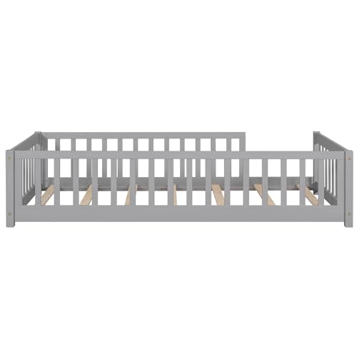 SPOFLYINN Twin Size Wood Floor Bed with Safety Guardrails Noise Free Easy Assembly Bed Frame Bedroom Furniture for Children Girls Boys Grey One Size