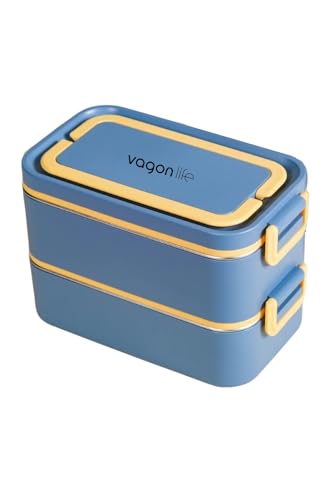 Bento 2000 ml Lunchbox, 2 Katlı 3 Bölmeli Mini Kaseli Çelik Sefer Tası, Lacivert-Sarı
