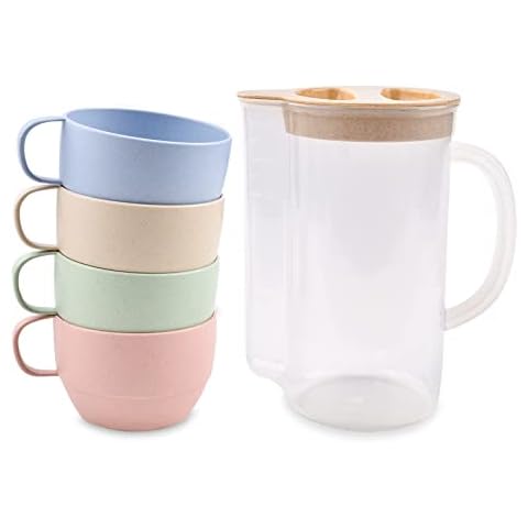 Lnrkai 5Pcs Camping Cups Plastic Set with Handle, Lightweight Breakfast Cups Reusable Unbreakable Mug with Pitcher Jug for Juice, Coffee, Tea, Water, Milk Cover