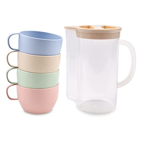 IDISON 5Pcs Camping Plastic Cups Set with Pitcher, Lightweight Natural Breakfast Cups Reusable Unbreakable Mug with Handle Jug for Juice, Coffee, Tea, Water, Milk