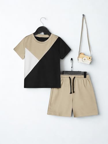 Image of Ayzozuy Boy Clothes Colorblock Top + Drawstring Waist Shorts 2 Pieces Kid Summer Outfits Set