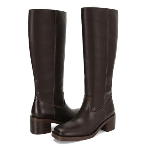 Image of DOEYG Women's Banana Knee High Boots Square Toe Chunky Block Heel Tall Boots Wide Calf Fashion Comfortable Casual Pull on Long Boots