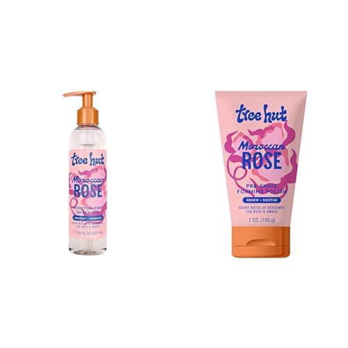 Tree Hut Moroccan Rose Moisturizing Shave Oil, Hydrating Gel-to-Oil Formula for a Smooth Shave, For All Skin Types, 7.7 fl oz + Shave Prep Polish Gently Soothe & Prep Skin, 7 fl oz.