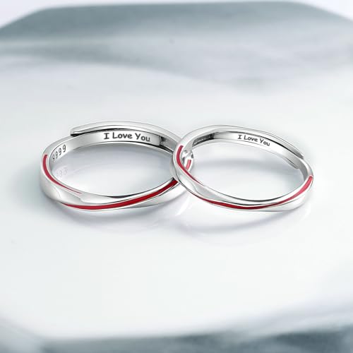 BCughia Anillo Plata de Ley 999 Ajustable, Anillos Compromiso Pareja Línea Roja Mobius Grabado I Love youAnillo de Boda Promesa - imagen 5