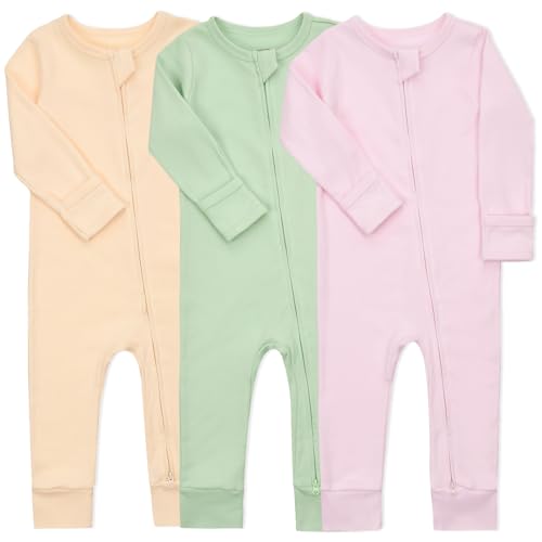 Image of Aablexema Baby Cotton Fooltess Pajamas with Mitten, 3-pack Infant Romper Zip Up One Piece Jumpsuits Outfit