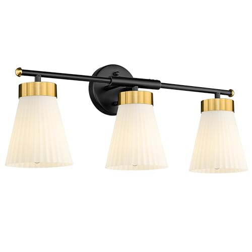 Image of Bathroom Vanity Light, HWH 3-Light Wall Light Fixture for Bathroom Bedroom, Black and Gold Vanity Lights with Frosted Milk White Striped Glass, 5HZG97B-3W BK+BG